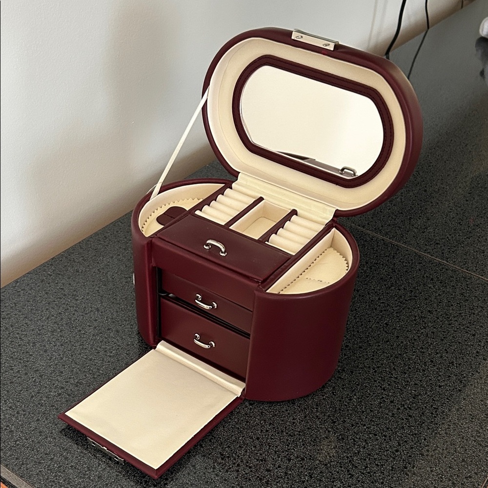 Elegant Burgundy Jewelry Organizer with Mirror